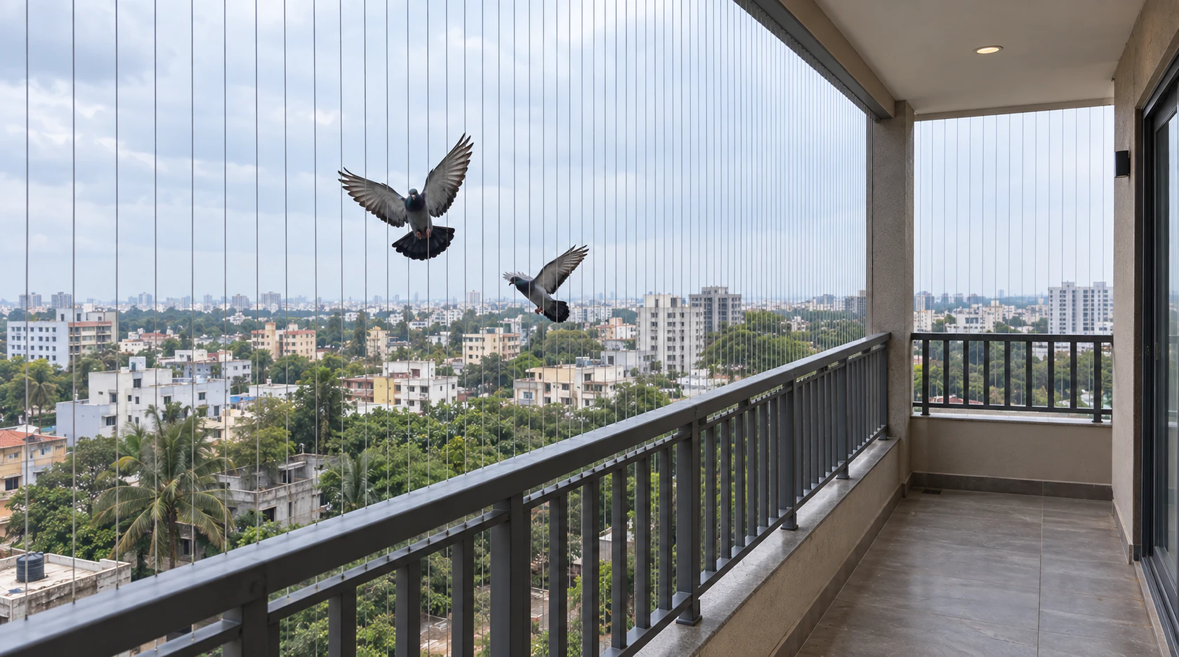 Pigeons kept off a Hyderabad balcony by closely spaced invisible grill cables